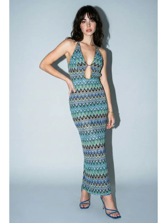 Chevron knit plunge halter maxi dress