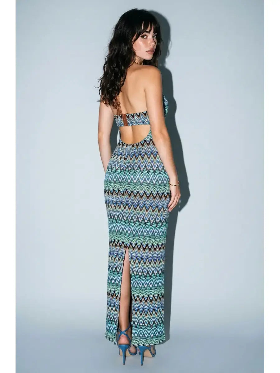 Chevron knit plunge halter maxi dress