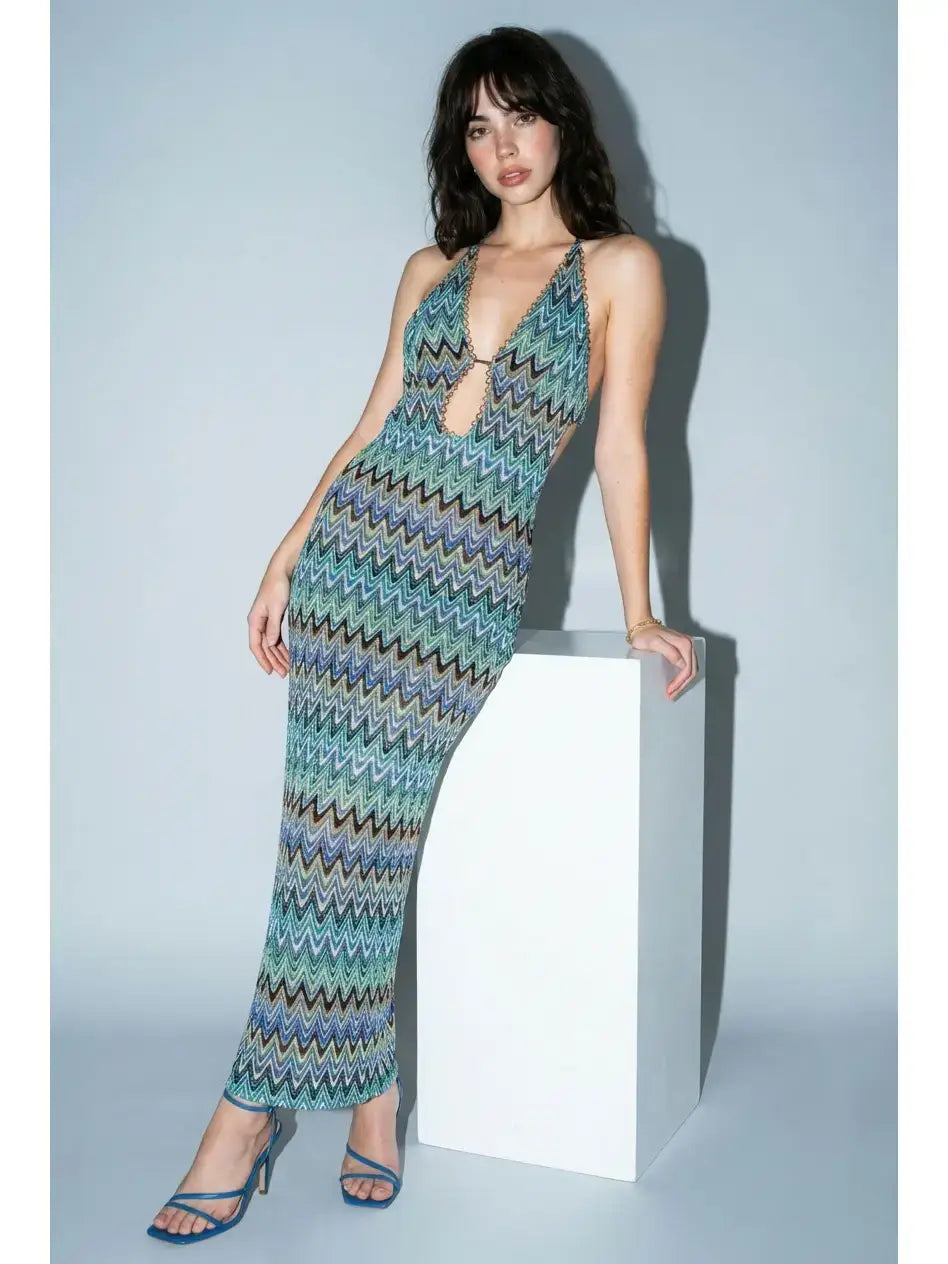 Chevron knit plunge halter maxi dress