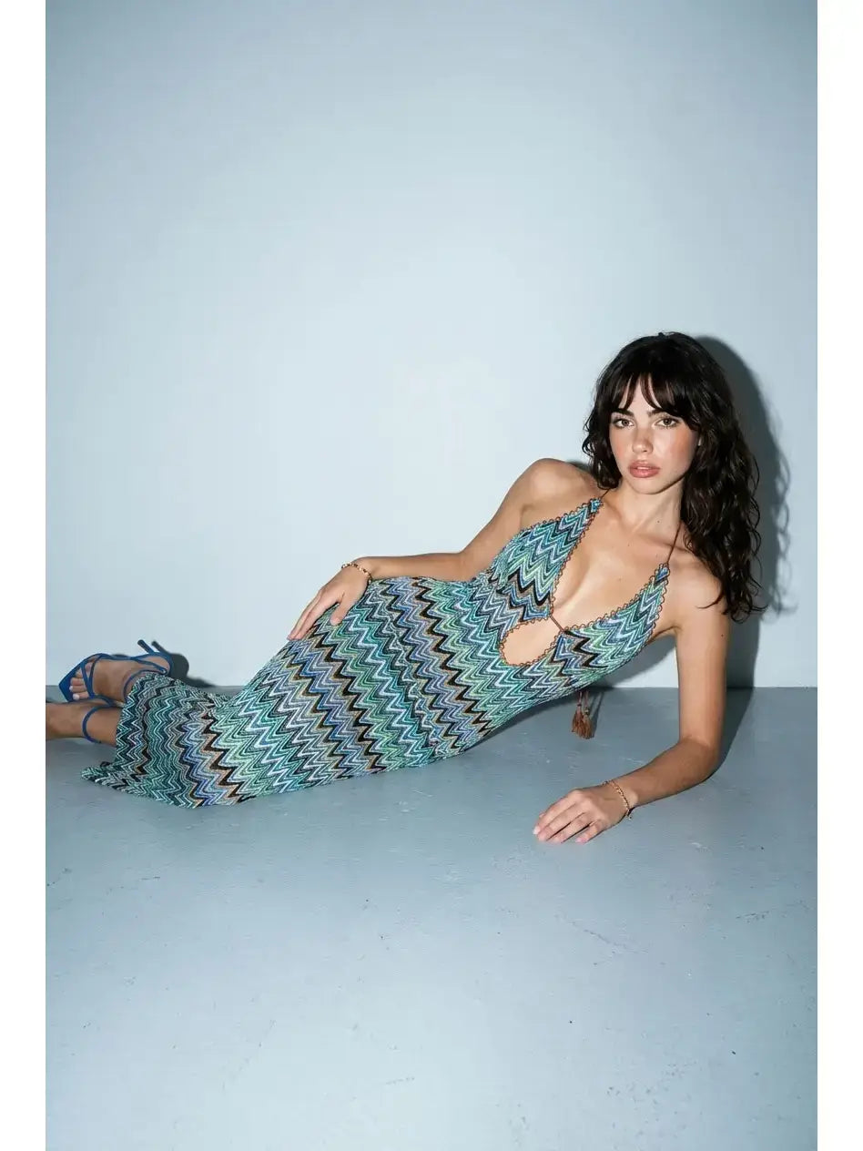 Chevron knit plunge halter maxi dress